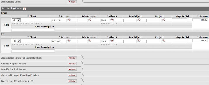 Populated To and From subsections in the KFS Accounting Lines section