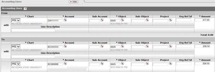 Example of Equal Distribution Across Two Accounts in the KFS Accounting Lines section