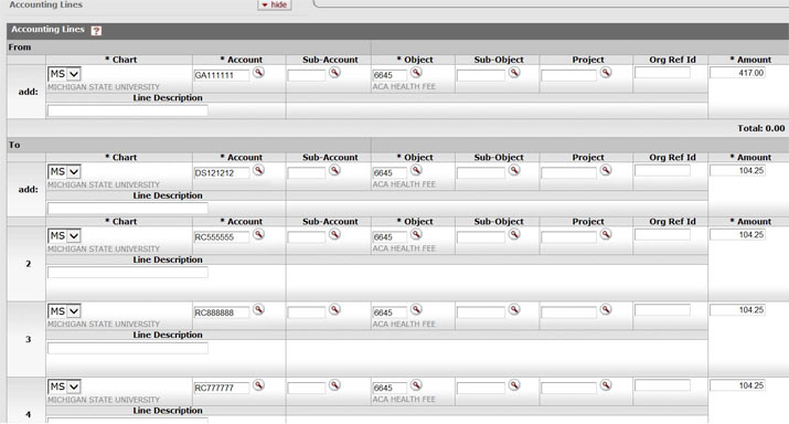 Example of Equal Distribution Across Four Accounts in the KFS Accounting Lines section