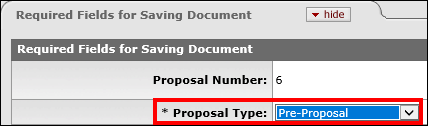 Proposal Type dropdown menu indicated on the Required Fields for Saving Document section