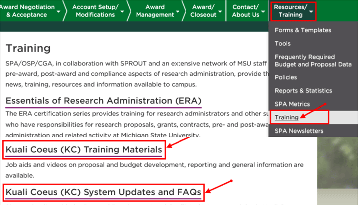 Links to the KC Training Materials and System Updates and FAQs pages highlighted on the SPA website Training web page