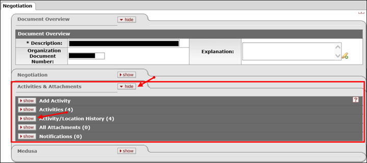 Negotiation Tab window with the Activities and Attachments hide button and Activity/Location History show button highlighted