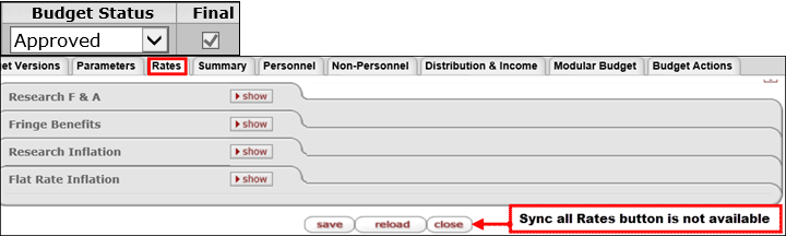 Budget Status dropdown with Approved selected; Rates tab panel with note indicating that the Sync All Rates button is not available