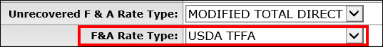 F and A Rate Type drop down showing USDA TFFA as selected