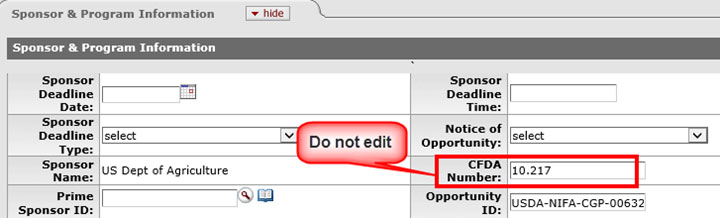 CFDA Number Field on the Proposal Tab in KC