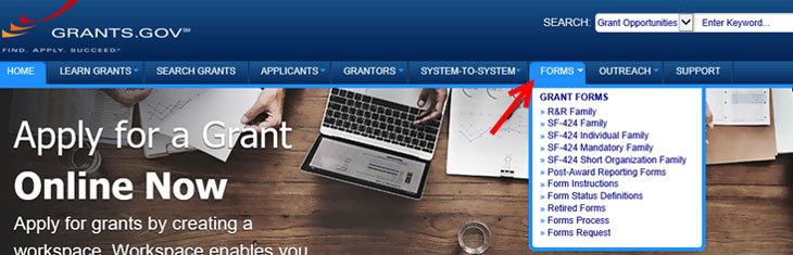 Forms dropdown on Grants.gov website