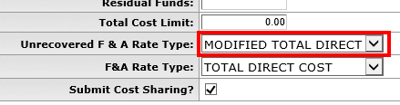 Unrecovered F&A Rate Type dropdown showing the default option of Modified Total Direct Cost