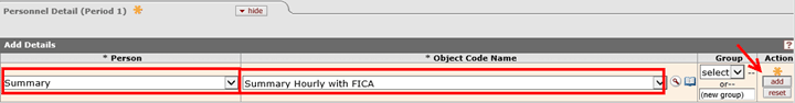 Personnel Detail panel with the Add button indicated in the Action column