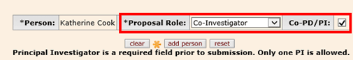 Key Personnel tab showing a Proposal Role of Co-Investigator with the Co-PD/PI box checked