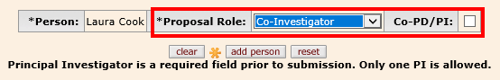 Key Personnel tab showing a Proposal Role of Co-Investigator with the Co-PD/PI box unchecked
