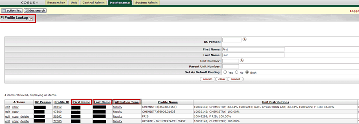 New First Name, Last Name, and Affiliation Type fields on the PI Profile Lookup tab