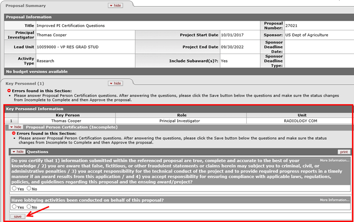 Example of Key Personnel Information questions on the Proposal Summary tab