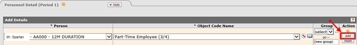 Example showing Mr. Spartan added as a part-time employee (three quarters) in the Add Details subpanel of the Personnel Detail panel