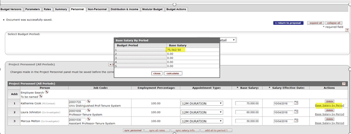 Example of new Base Salary by Period popup box showing a base salary for period one