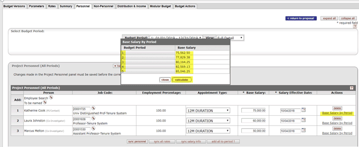 Example of base salary for each period calculated by clicking the Calculated button on the Base Salary by Period popup box