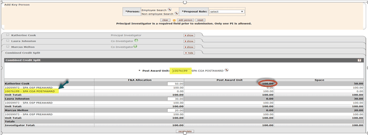 Key person line added to represent post award unit selected in the Combined Credit Split panel's new post award field