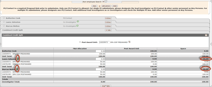 Example showing two key people with space credit with the credit divided equally between them