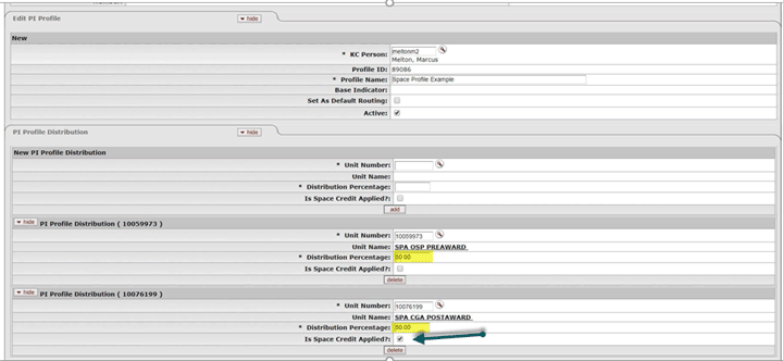 New Is Space Credit Applied checkbox shown on the PI Profile Distribution panel