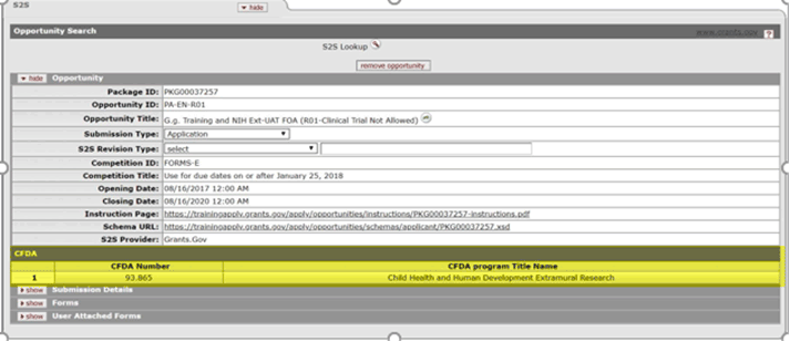 CFDA panel highlighted in new position following the Opportunity details on the Opportunity Search panel