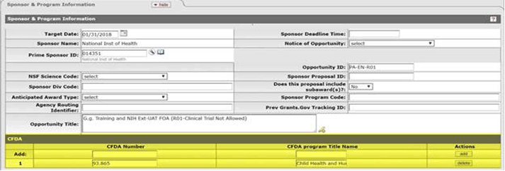 CFDA panel highlighted in new position following the Sponsor and Program Information details on the corresponding panel