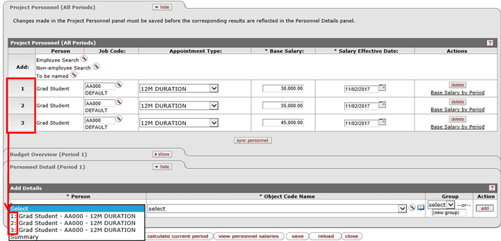 Example of numbered Person rows in the Project Personnel panel and the corresponding numbered rows in the Add Details subpanel's Person dropdown menu