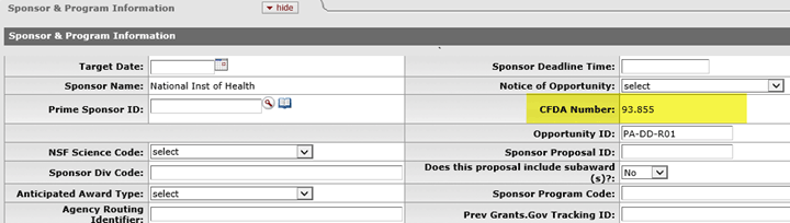 CFDA Number highlighted on example PD document