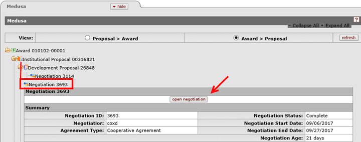 Example of the Medusa Tab with the open negotiation button indicated