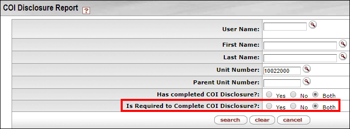 Is Required to Complete COI Disclosure Report question highlighted the COI Disclosure Report panel