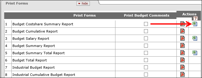 Print Forms tab example with the new Excel icon indicated next to the Budget Costshare Summary Report