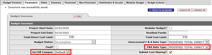 The On/Off Campus and F&A Rate Type dropdown menus highlighted on the Parameters tab