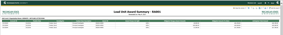 The Lead Unit Award Summary report screen in Kuali Coeus
