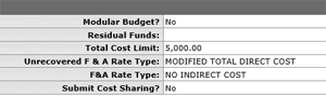 Parameters tab with an F and A rate type of no indirect cost selected