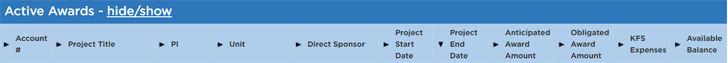 Active Awards column headers: account number, project title, PI, unit, direct sponsor, project start date, project end date, anticipated award amount, obligated award amount, KFS expenses, and available balance