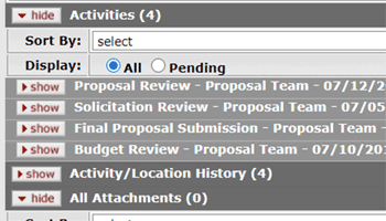 Example KC Activities panel showing when the proposal, solicitation, and budget were submitted and when the final proposal was submitted