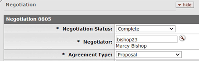 Negotiation panel example showing the assigned negotiator, negotiation status, and agreement type